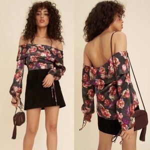 LPA Womens Black Dark Roses Floral Silk Tie Sleeve Off The Shoulder Top Size XS